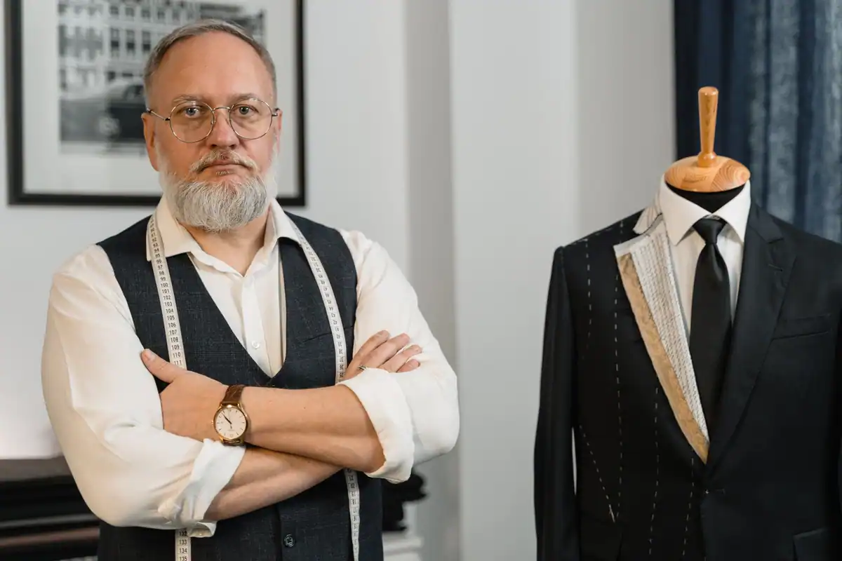 Croitor în vârstă lângă un costum făcut pe comandă, așezat pe manechin în atelier
