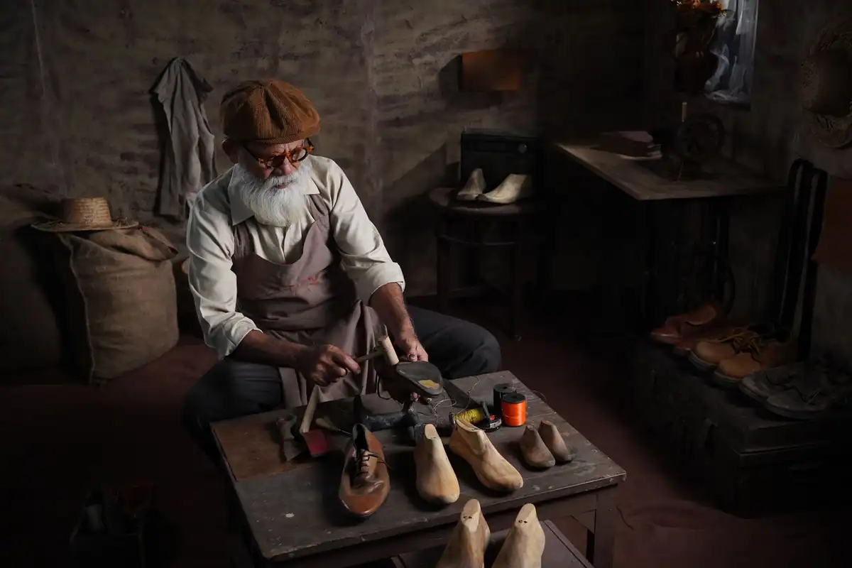 Meșter în vârstă care lucrează manual pantofi din piele într-un atelier clasic