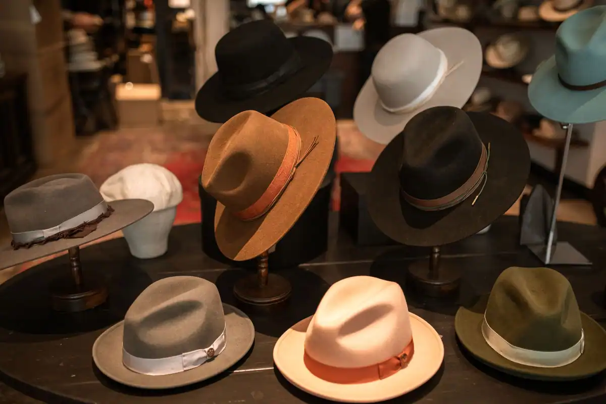 Colecție de pălării elegante de diverse forme expuse într-un magazin